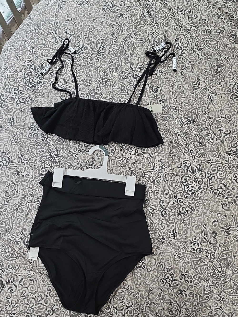 aerie Black Ruffle Bandeau High-Waist Bikini Set